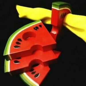 💥SANDIA - 4 Vintage Watermelon Wood Napkin Ring Holders Hand Painted Signed SBS